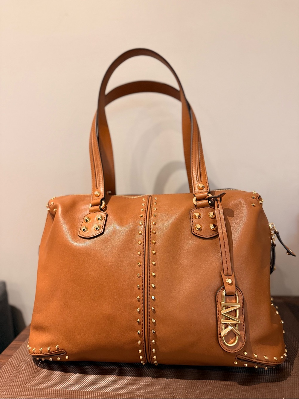MICHAEL Michael Kors Tan Leather Studded Shoulder Bag with Gold Hardware